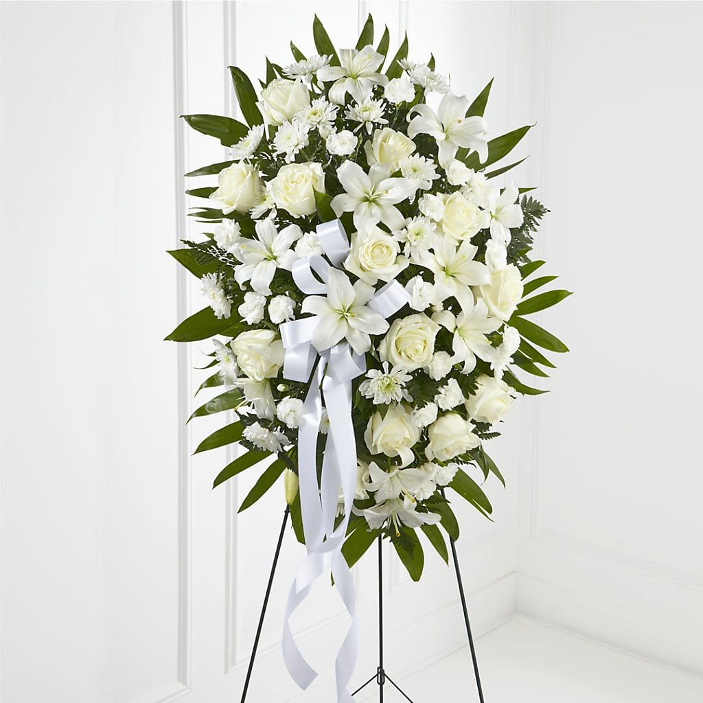 Exquisite Tribute Standing Spray-White Ribbon – Flowers By Design, Midland TX