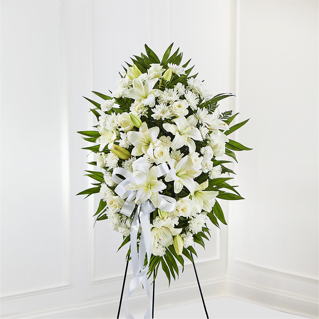 Exquisite Tribute Standing Spray-White Ribbon – Flowers By Design, Midland TX
